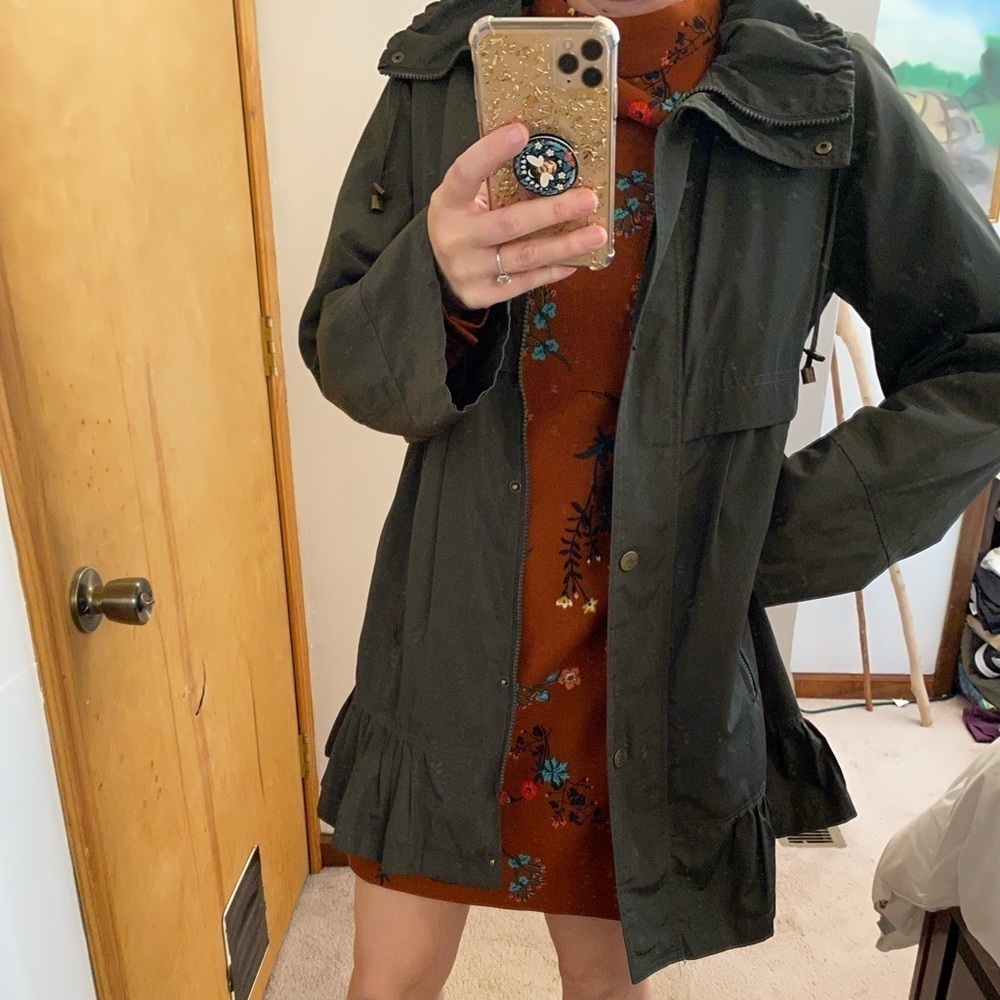 Betsey Johnson Pine Green Cabincore Ruffle Hem Trench Parka